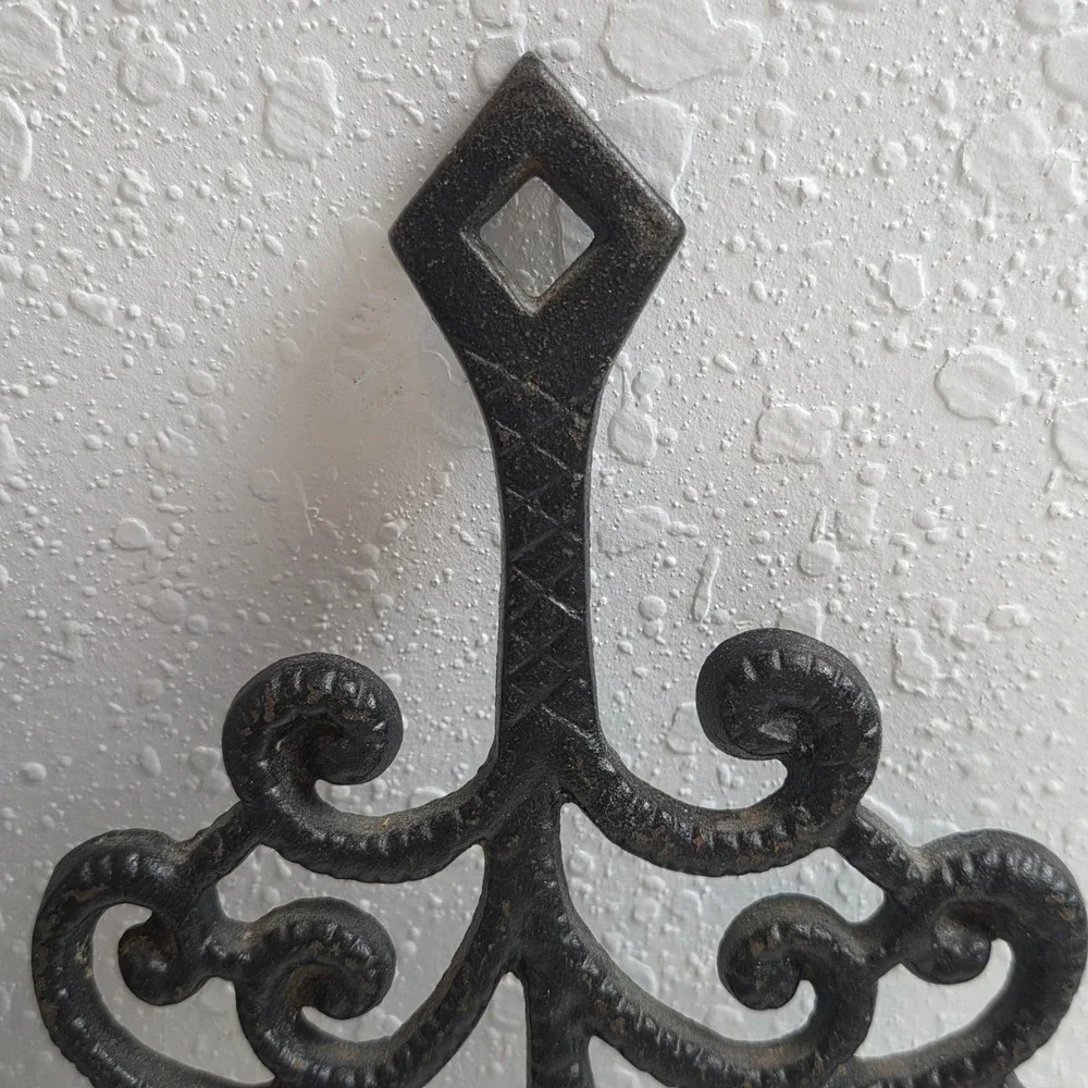 Vintage Cast Iron Trivets 'He Who Helps Shall Eat' Ceramic Tile‎ & Scroll Pair